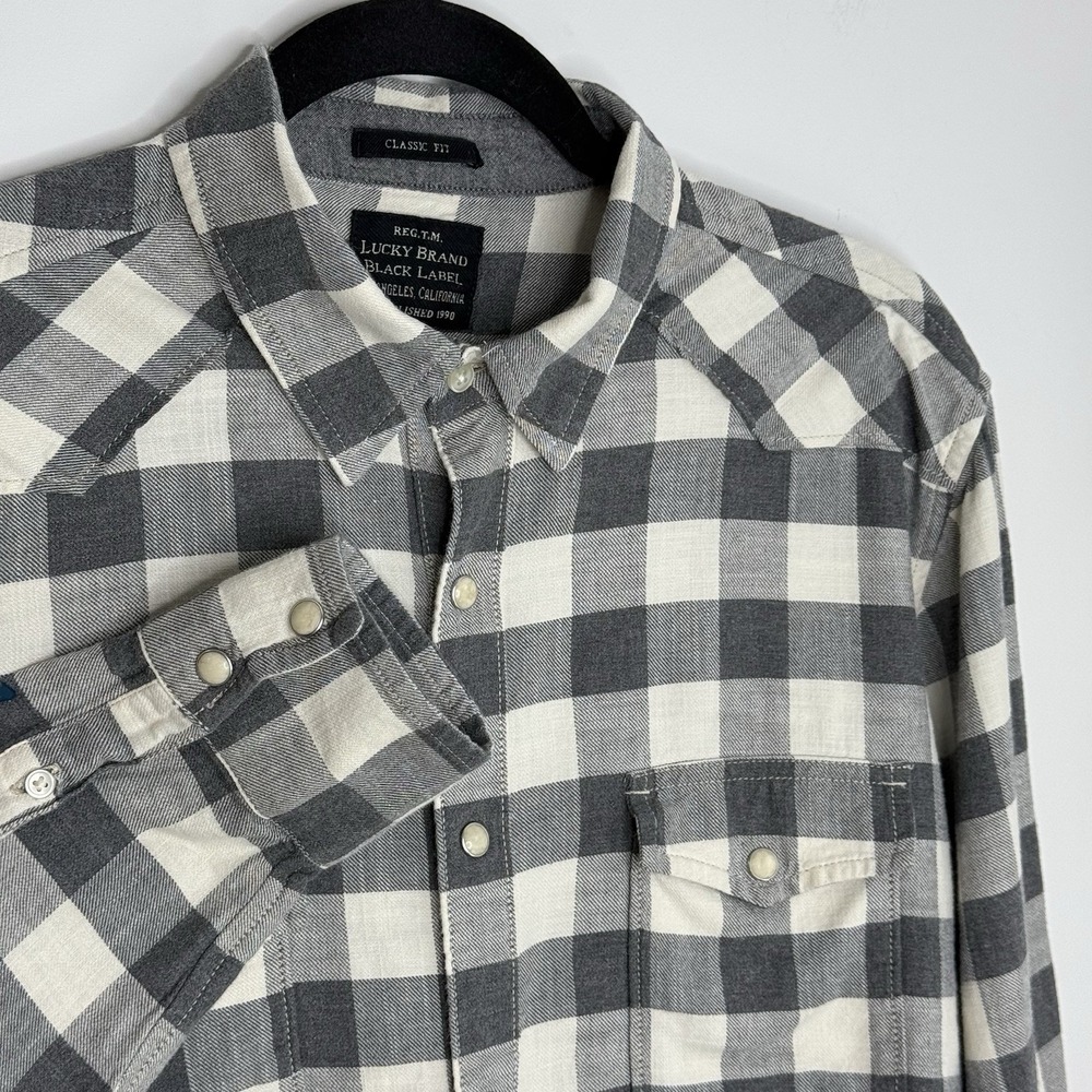 Lucky Brand Handcrafted Button Up Shirt Mens Medium Long Sleeve Black Pearl Snap